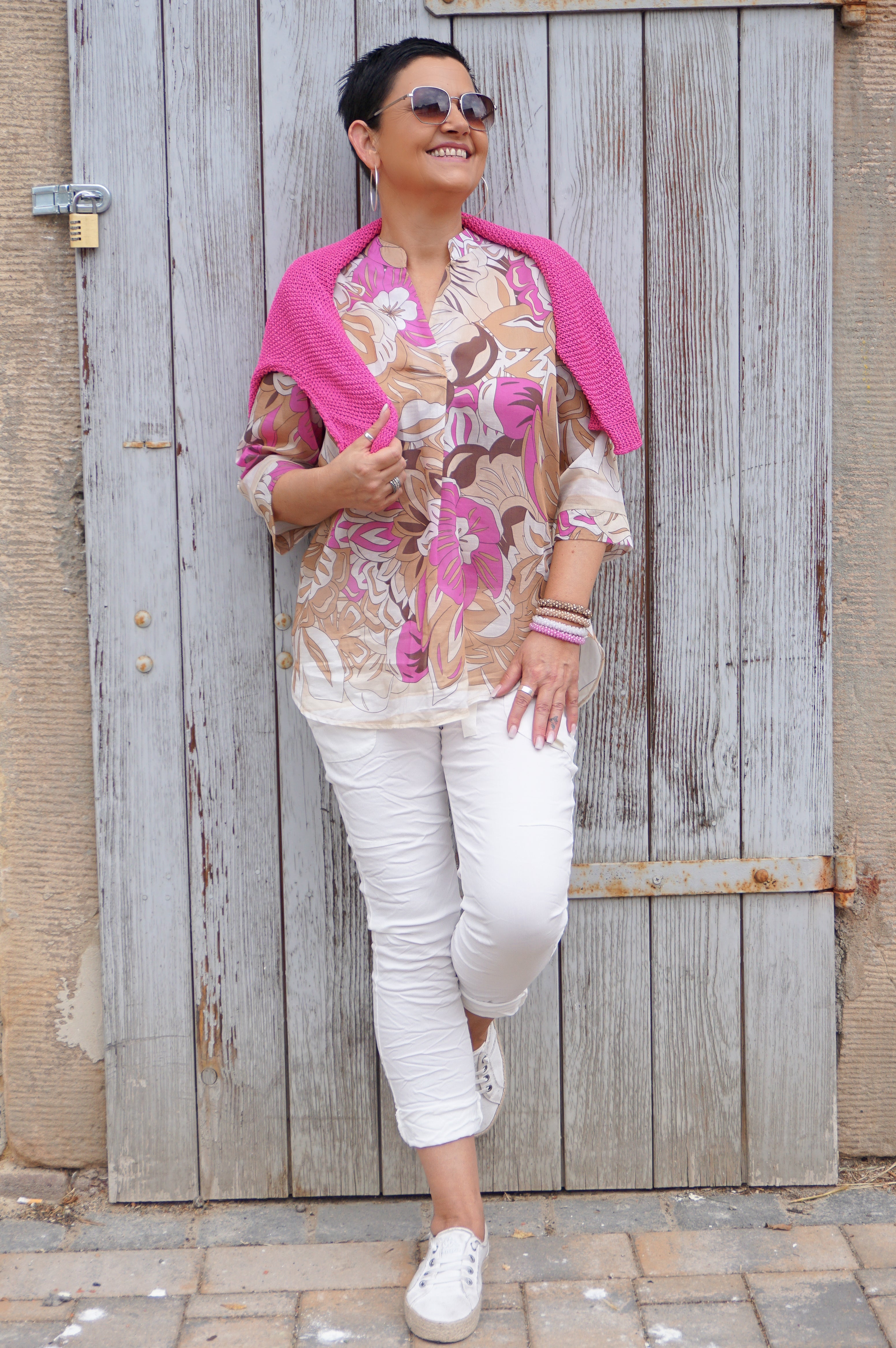 Leichte Bluse mit Blumen Print, beige