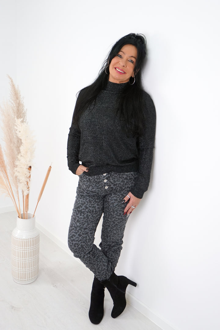 Jewelly Jeans mit Leo Print, grau