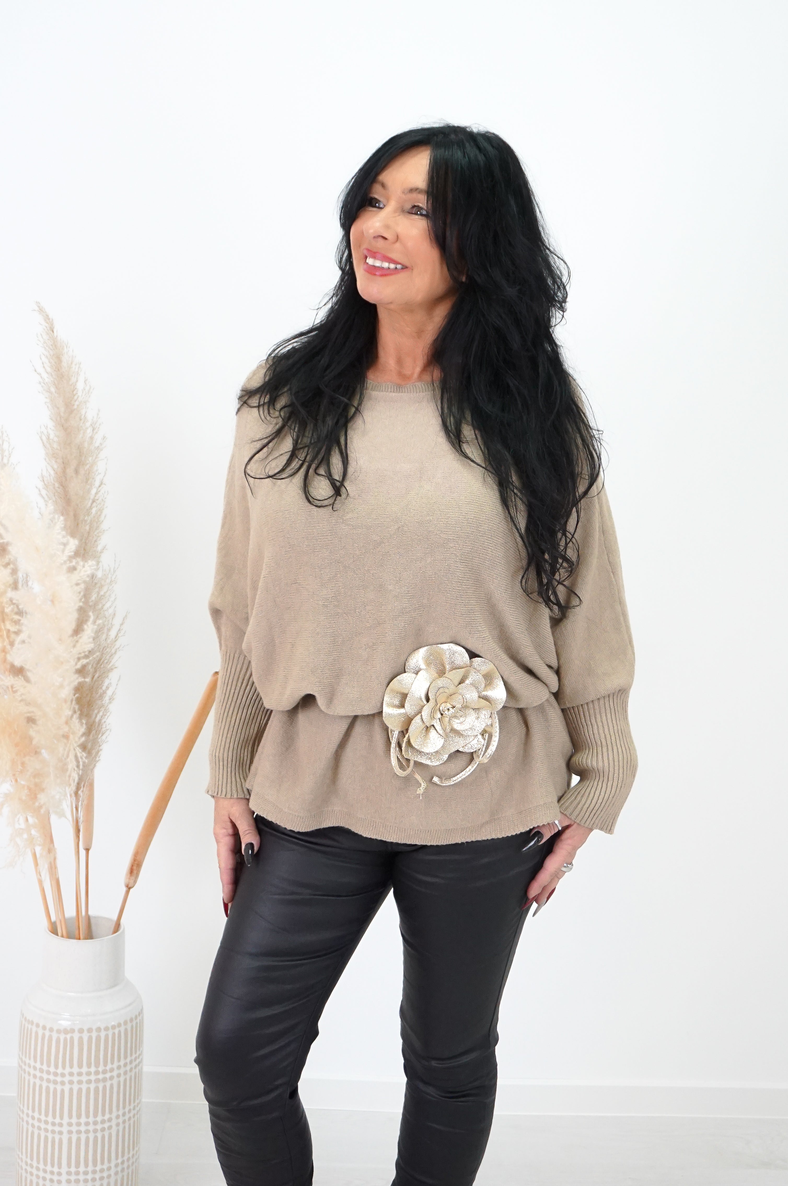 Weiter Feinstrickpulli, beige