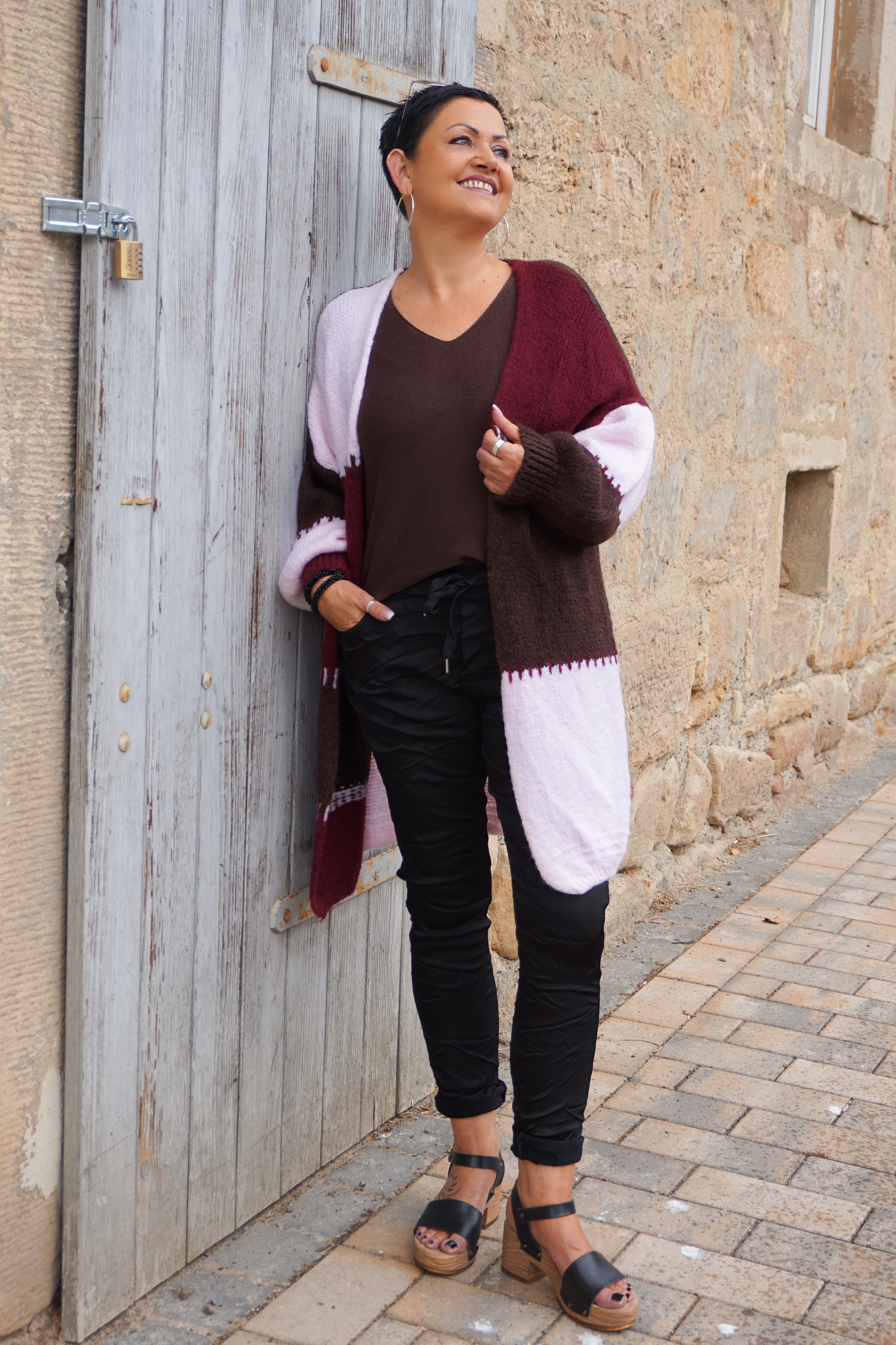 Strickjacke "tricolore", bordeaux/rosa/schokobraun