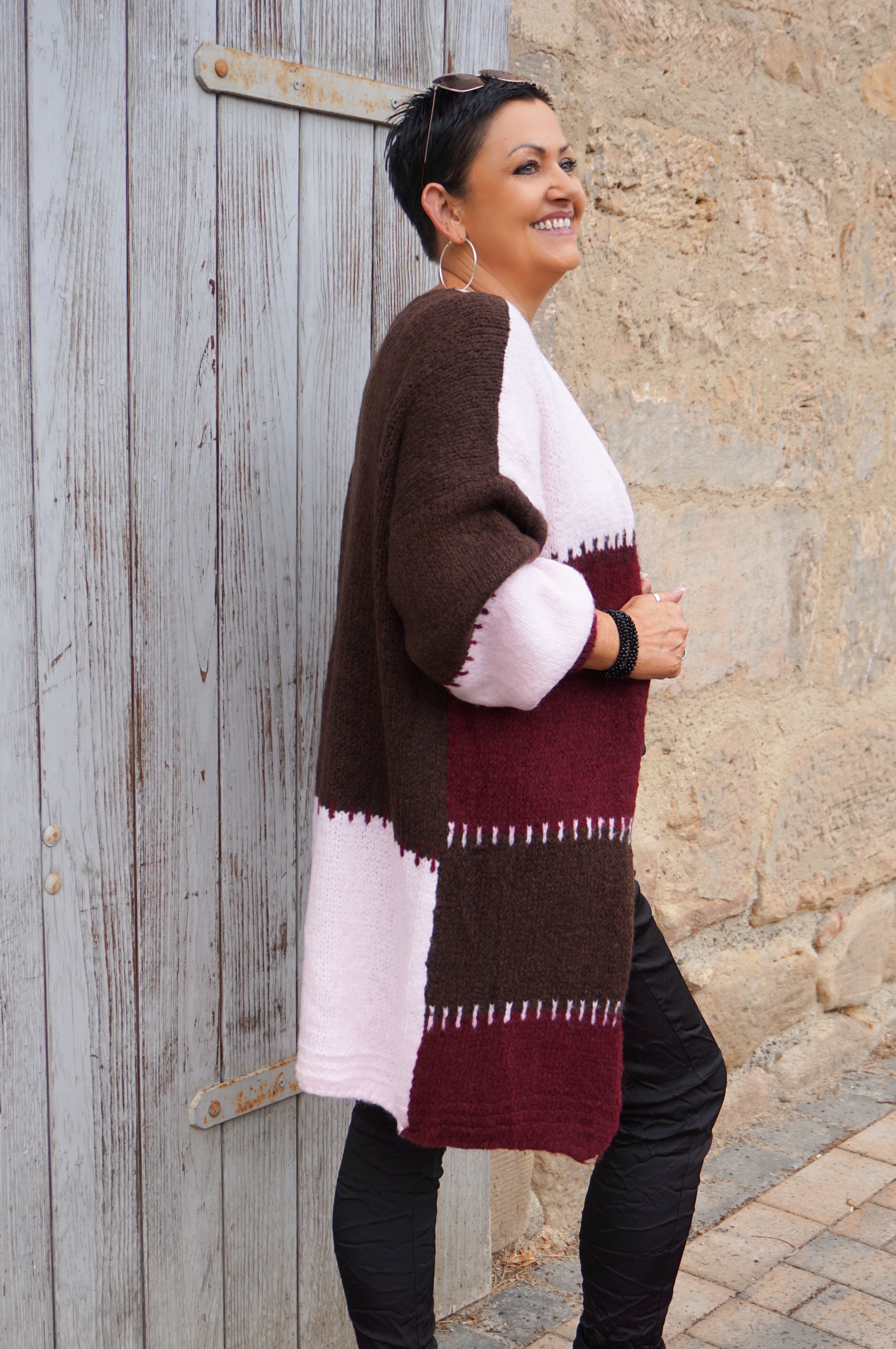 Strickjacke "tricolore", bordeaux/rosa/schokobraun
