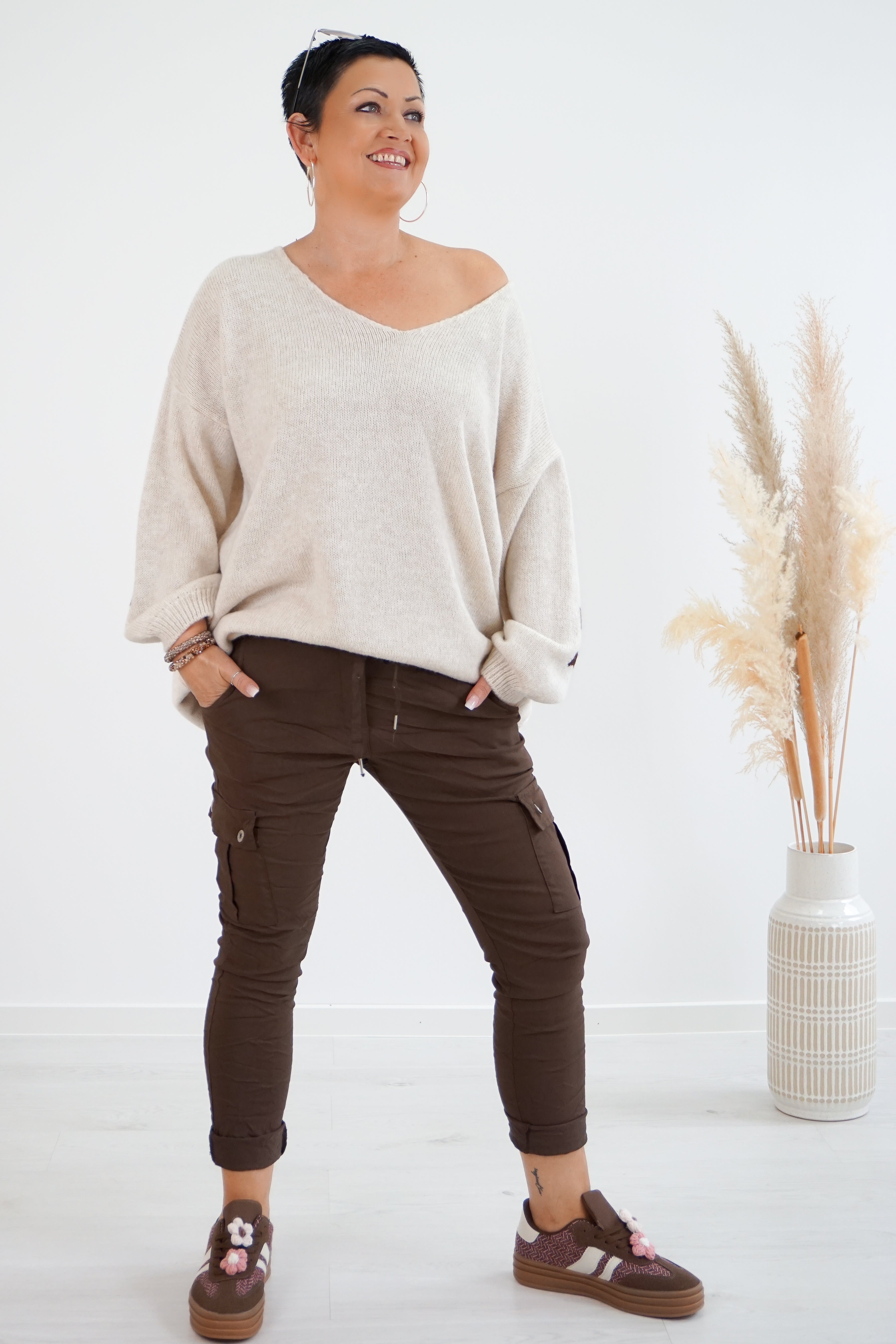 Strickpulli "Namaste", beige/schokobraun