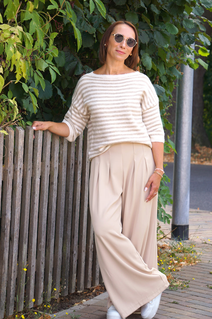 Gestreifter kurzarm Strickpulli, beige/creme