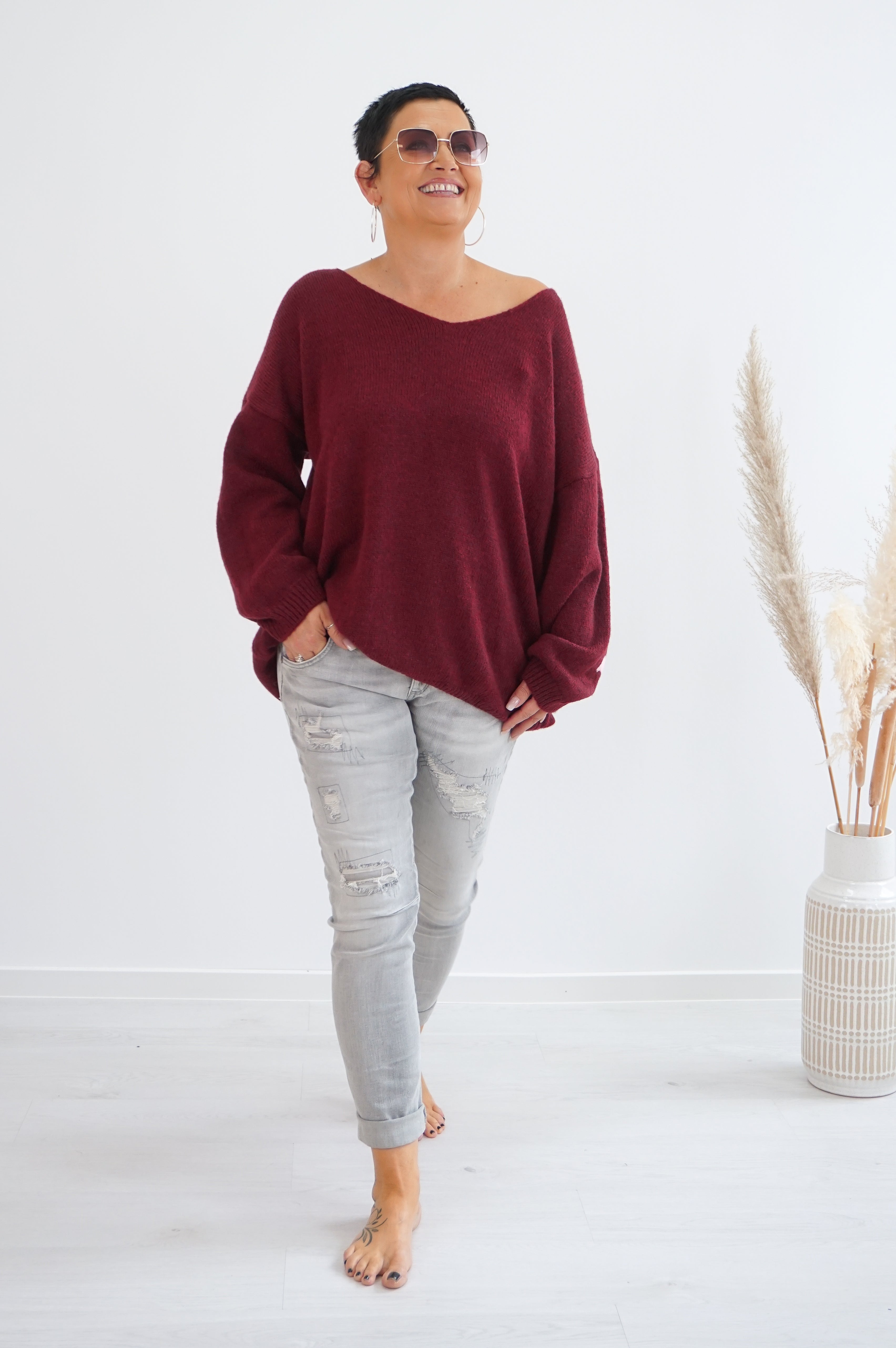 Strickpulli "Namaste", bordeaux/rosa