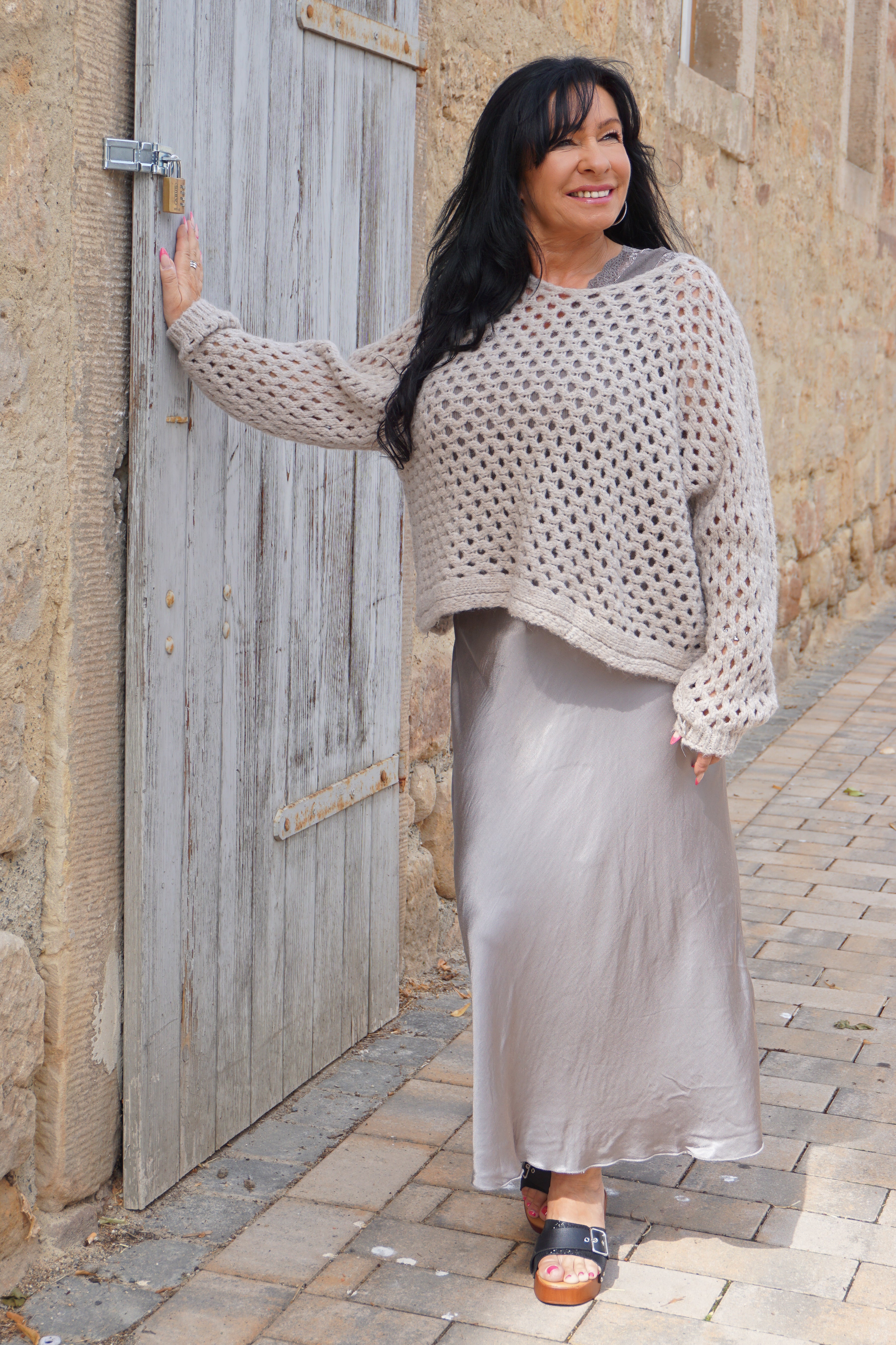 Lochstrickpulli, beige/taupe