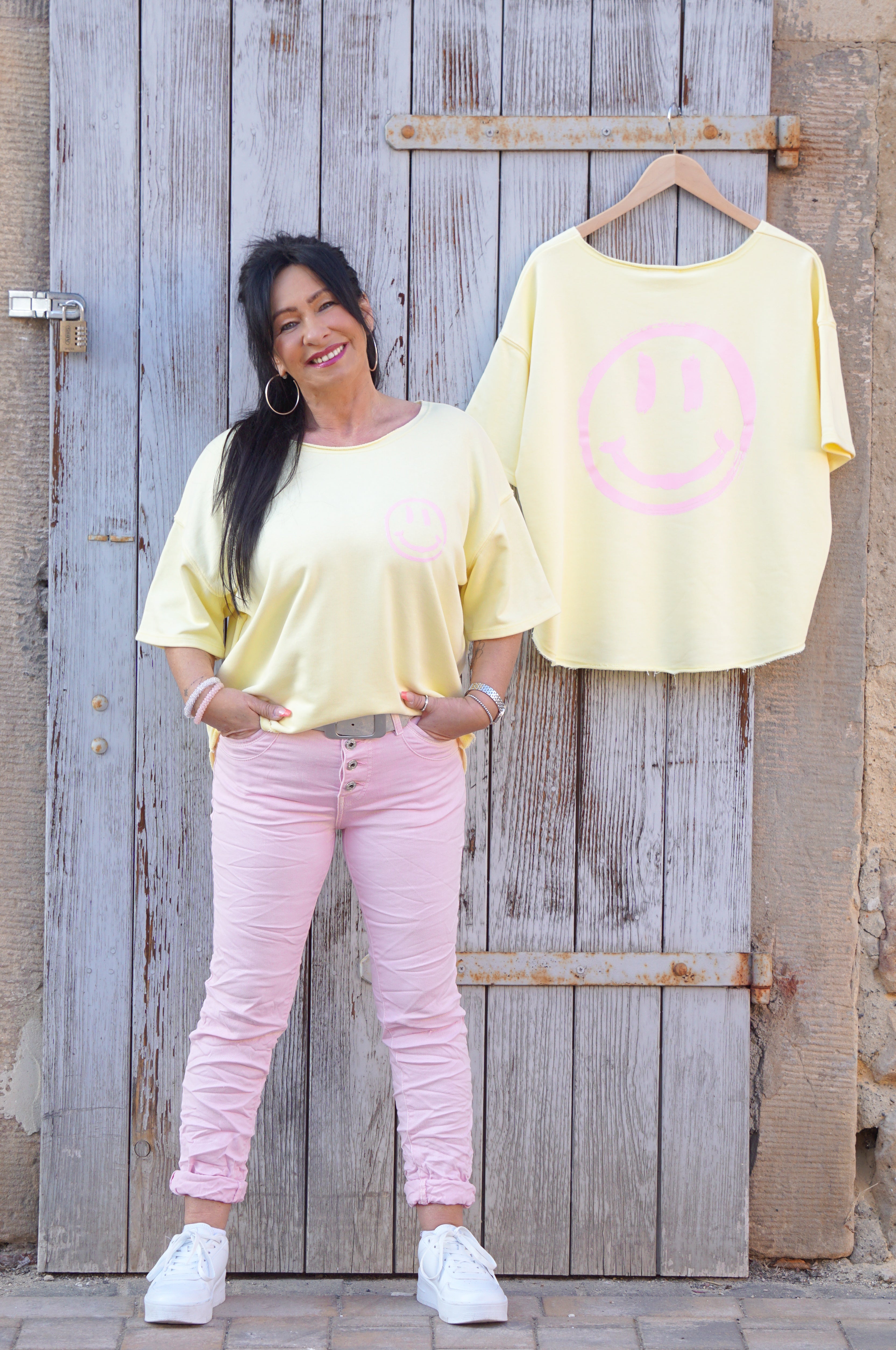 Kurzarm Sweatshirt "smiley“, pastellgelb/rosa