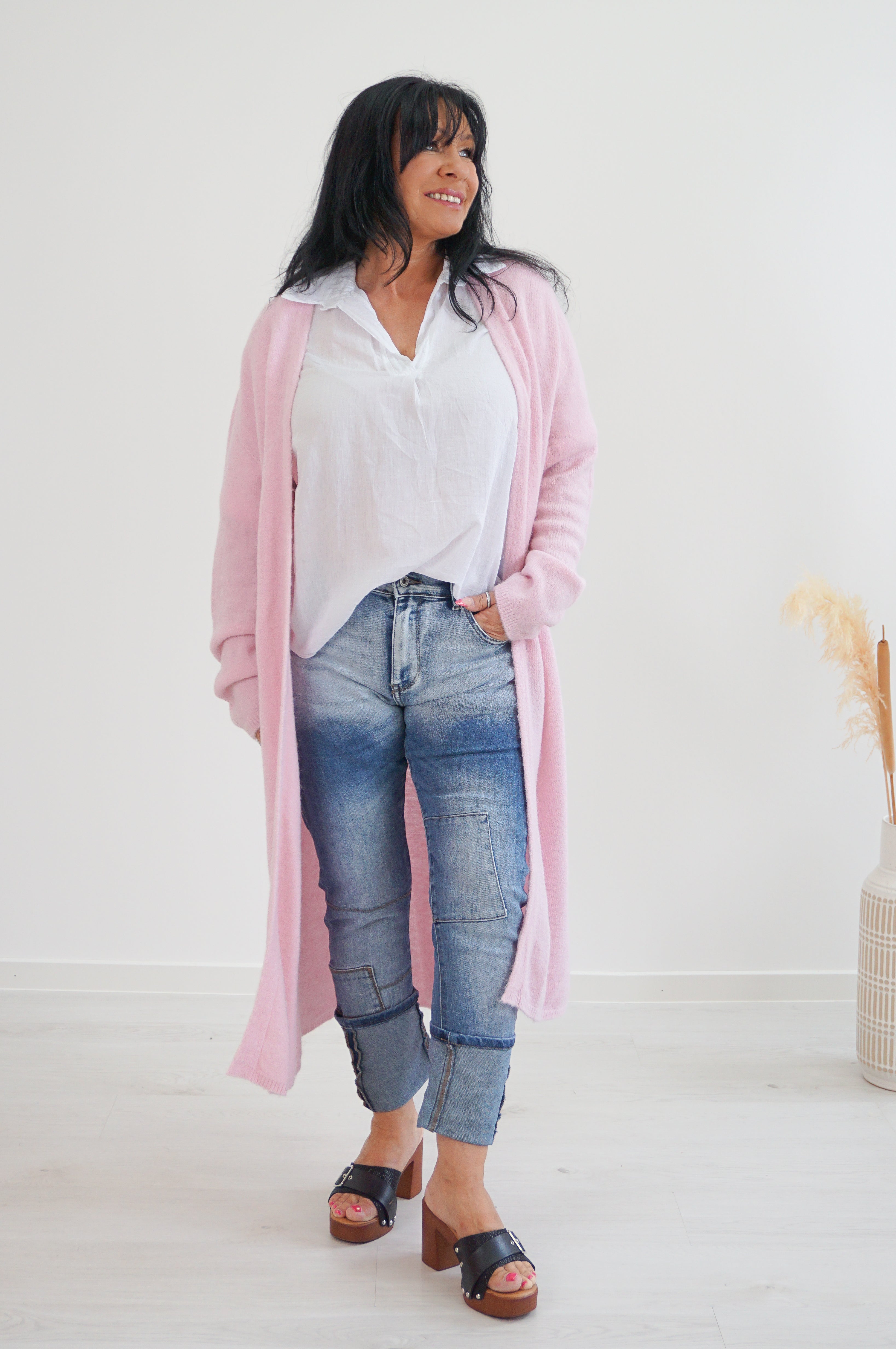 Lange Basic Strickjacke, rosa