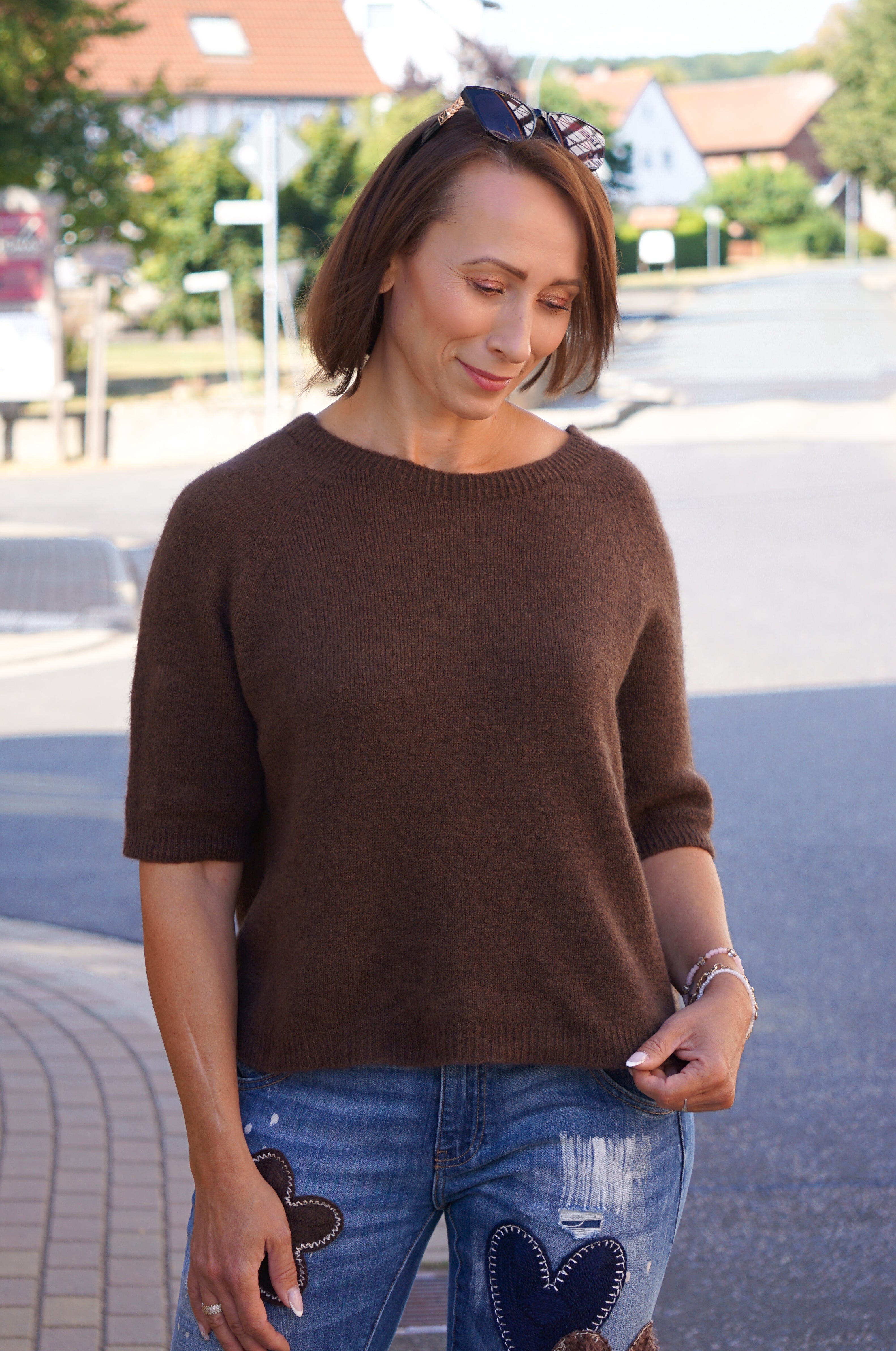 Kurzarm Strickpulli, schokobraun