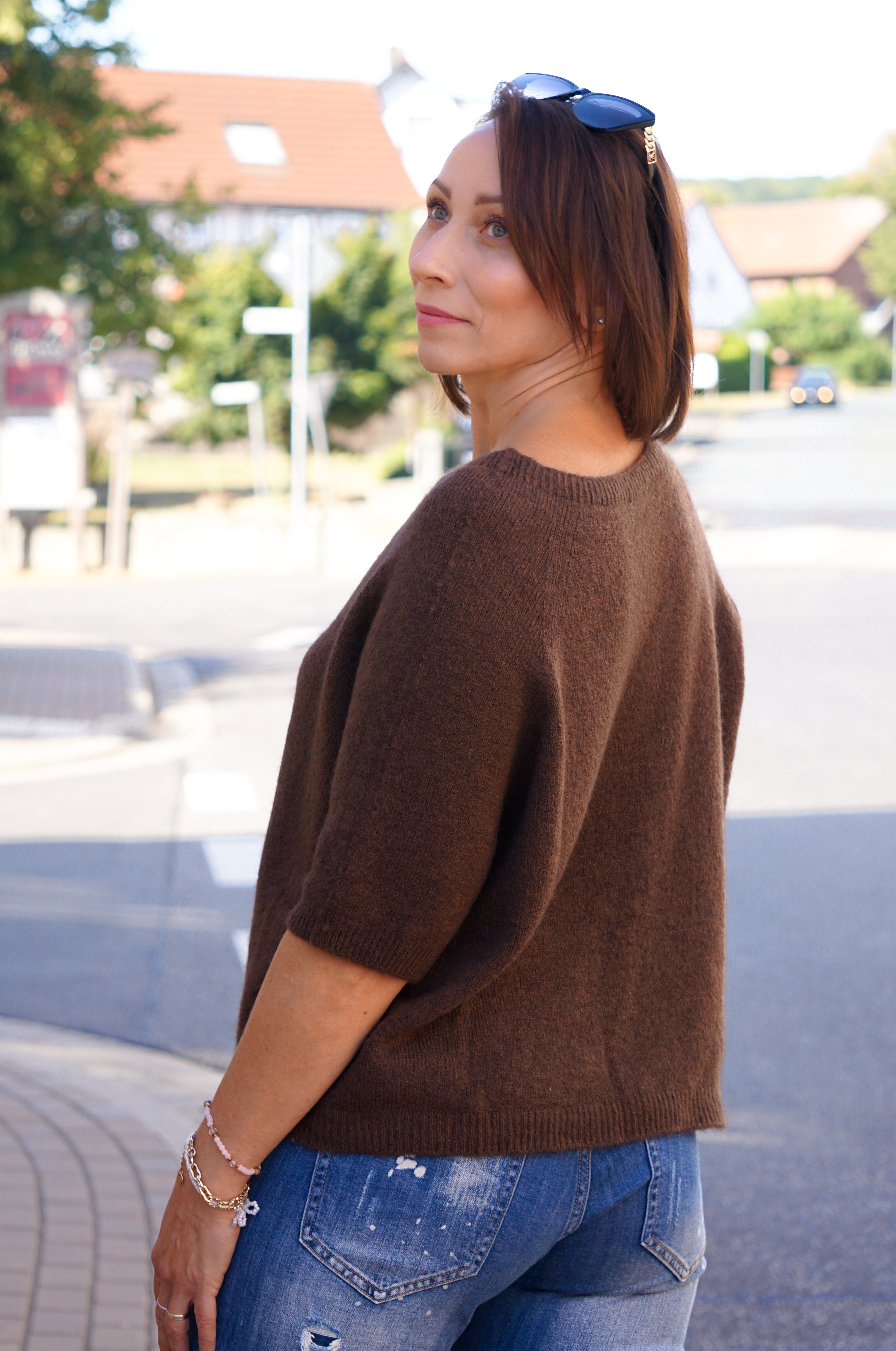 Kurzarm Strickpulli, schokobraun