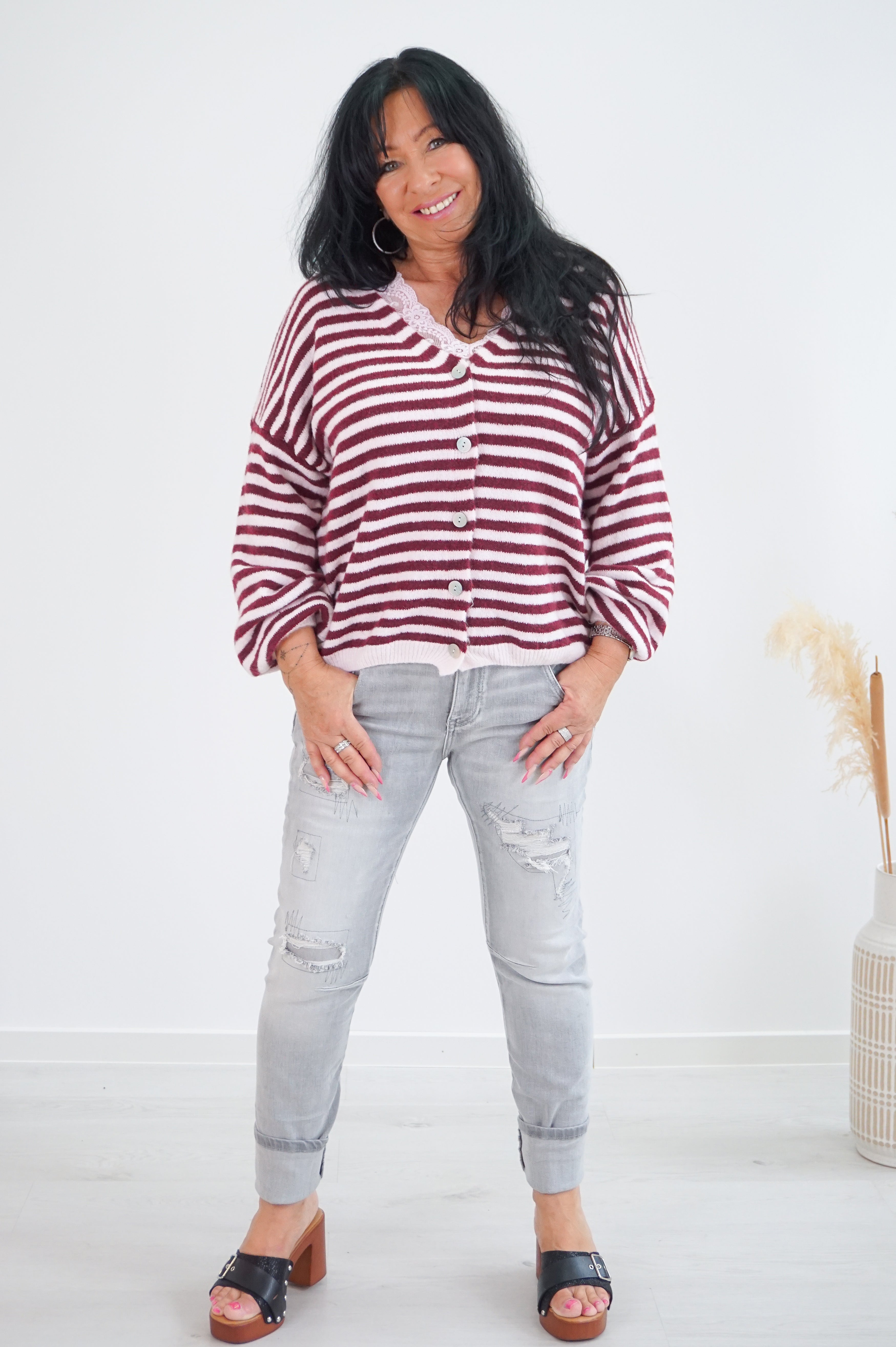 Gestreifte Strickjacke, rosa/bordeaux
