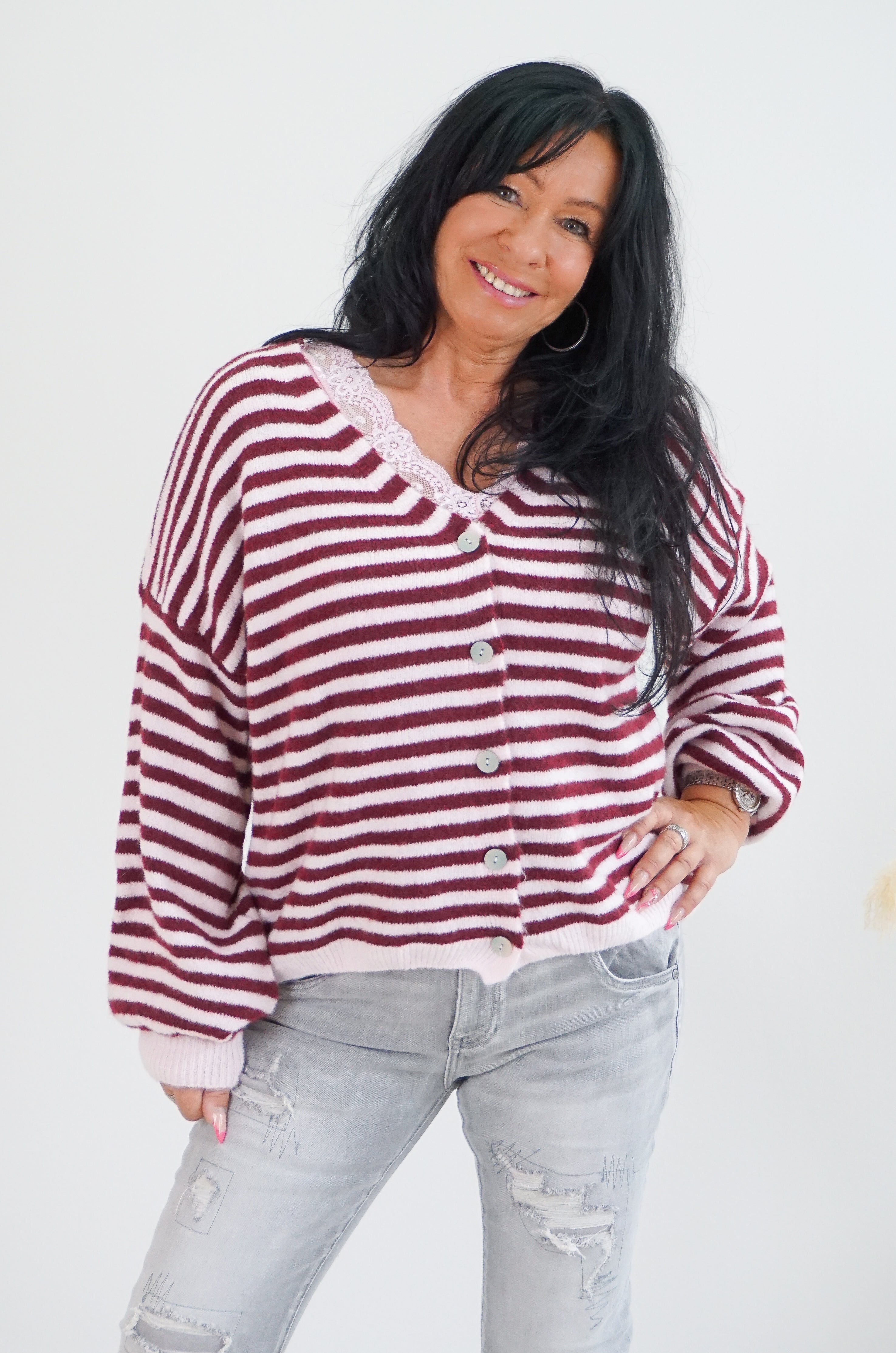 Gestreifte Strickjacke, rosa/bordeaux