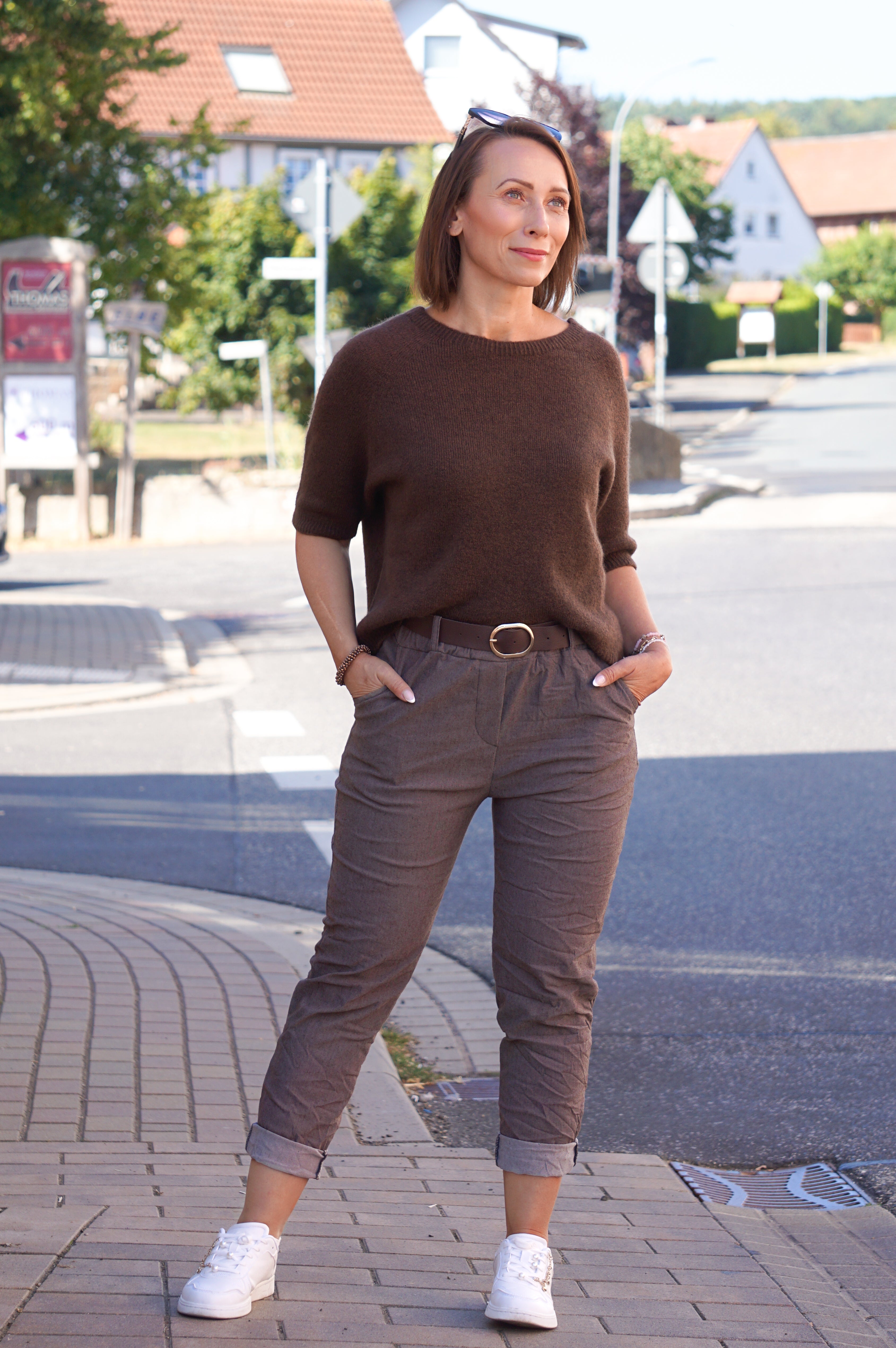 Kurzarm Strickpulli, schokobraun