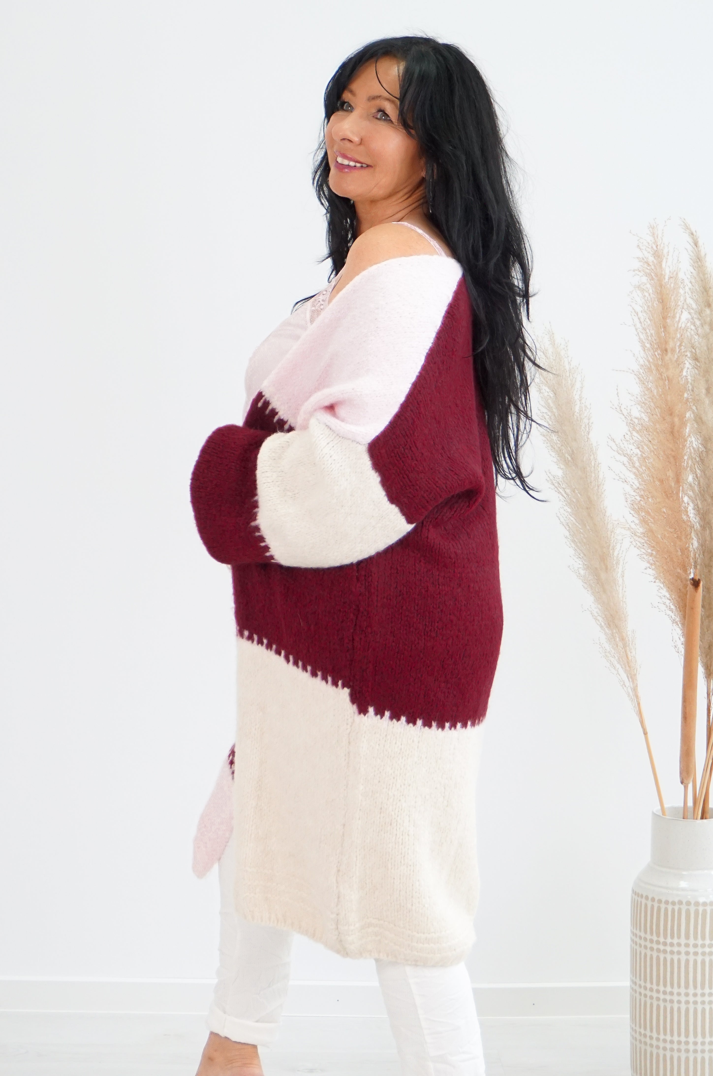 Strickjacke "tricolore", rosa/beige/bordeaux