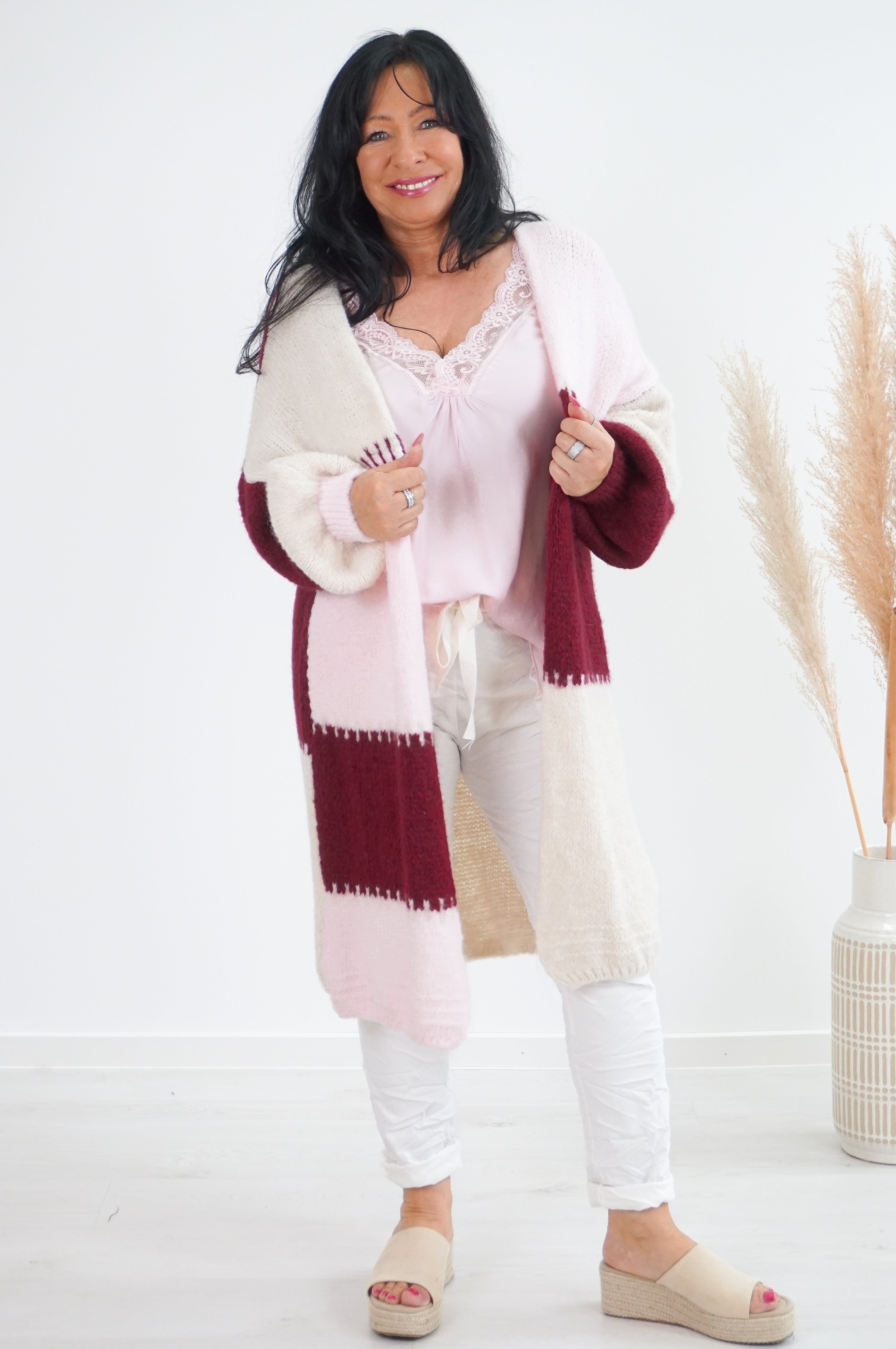 Strickjacke "tricolore", rosa/beige/bordeaux