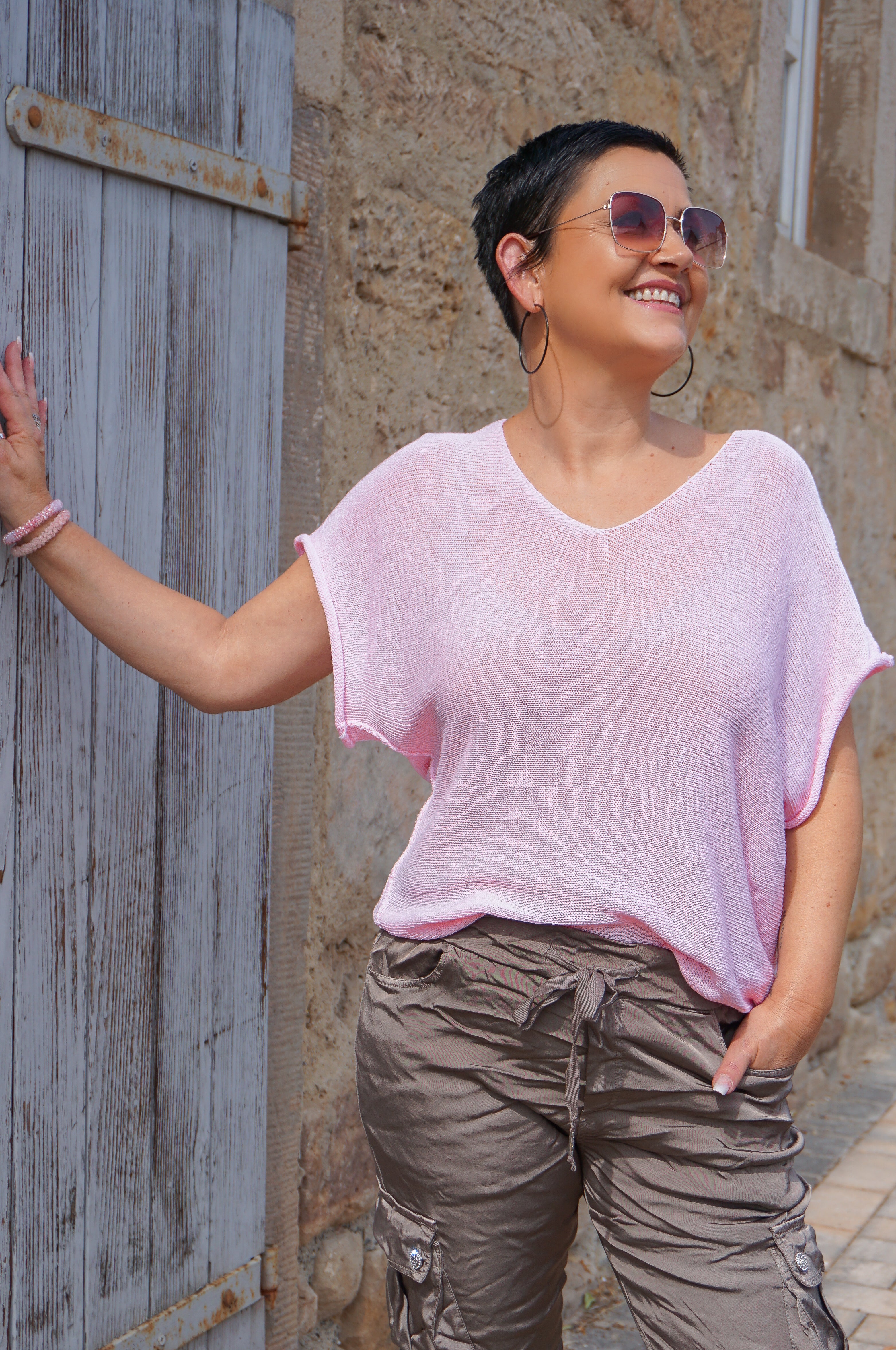 Leichtes kurzarm Häkelshirt, rosa