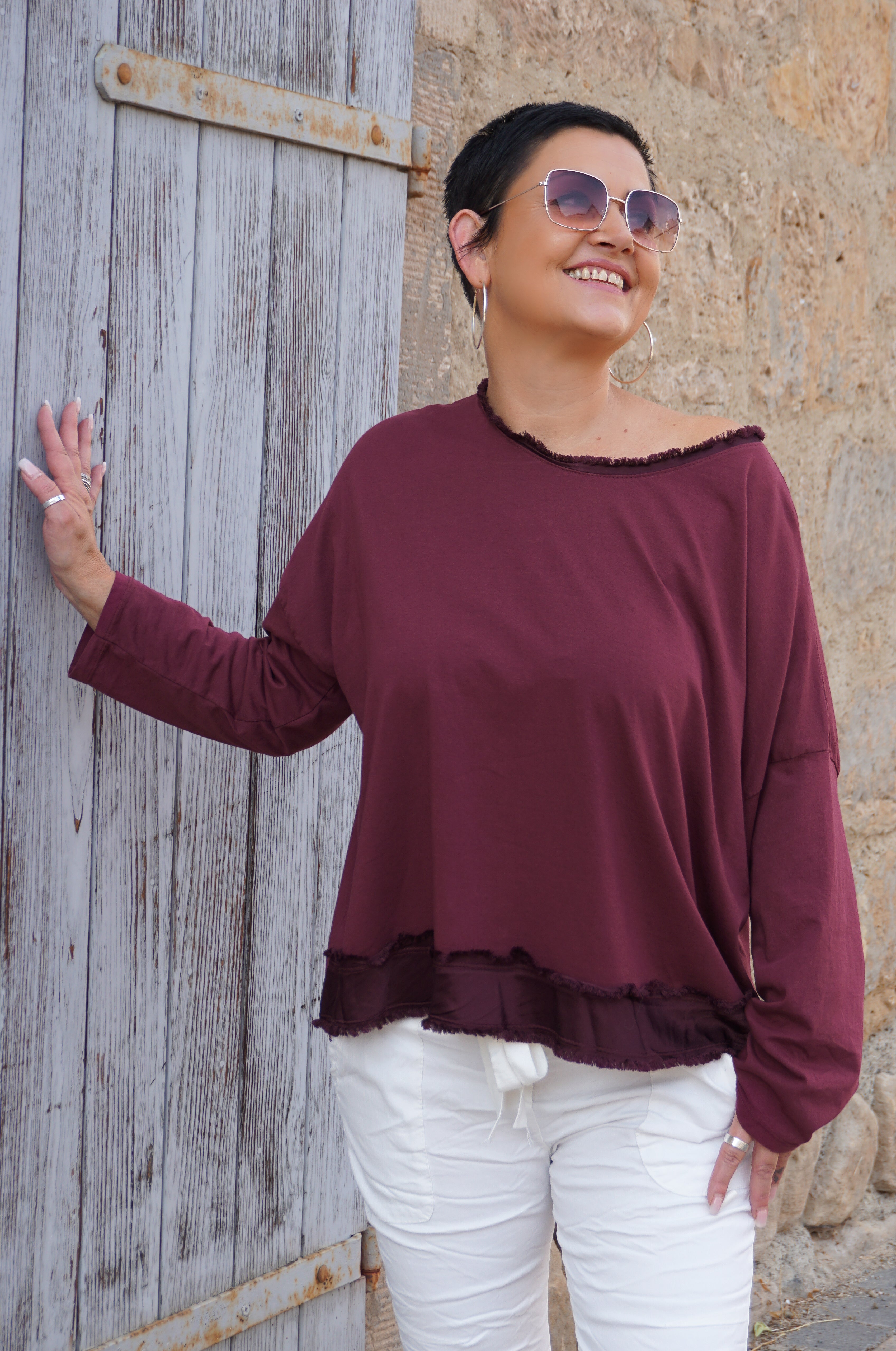 Langarmshirt mit Satin Details, bordeaux