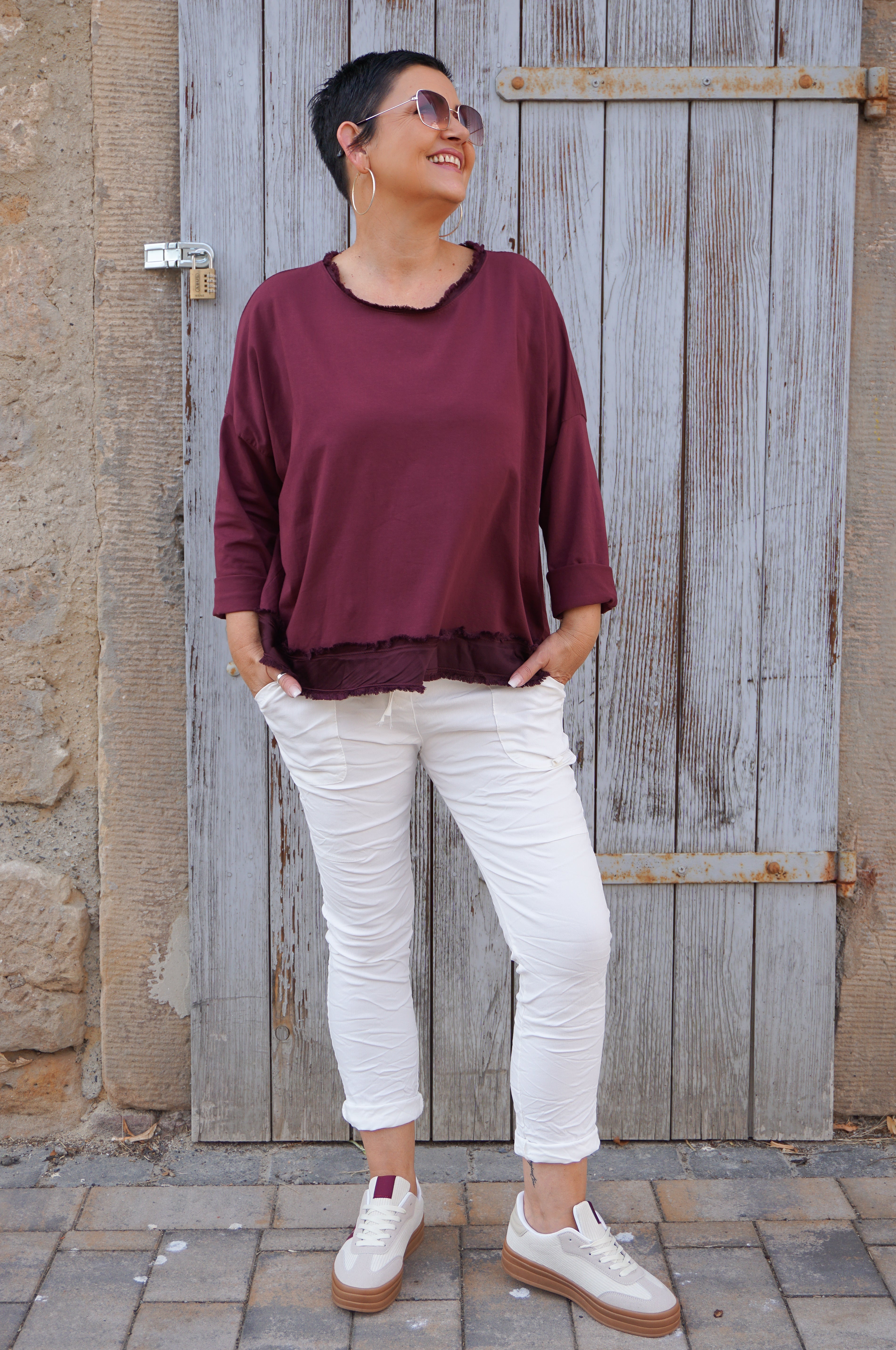 Langarmshirt mit Satin Details, bordeaux