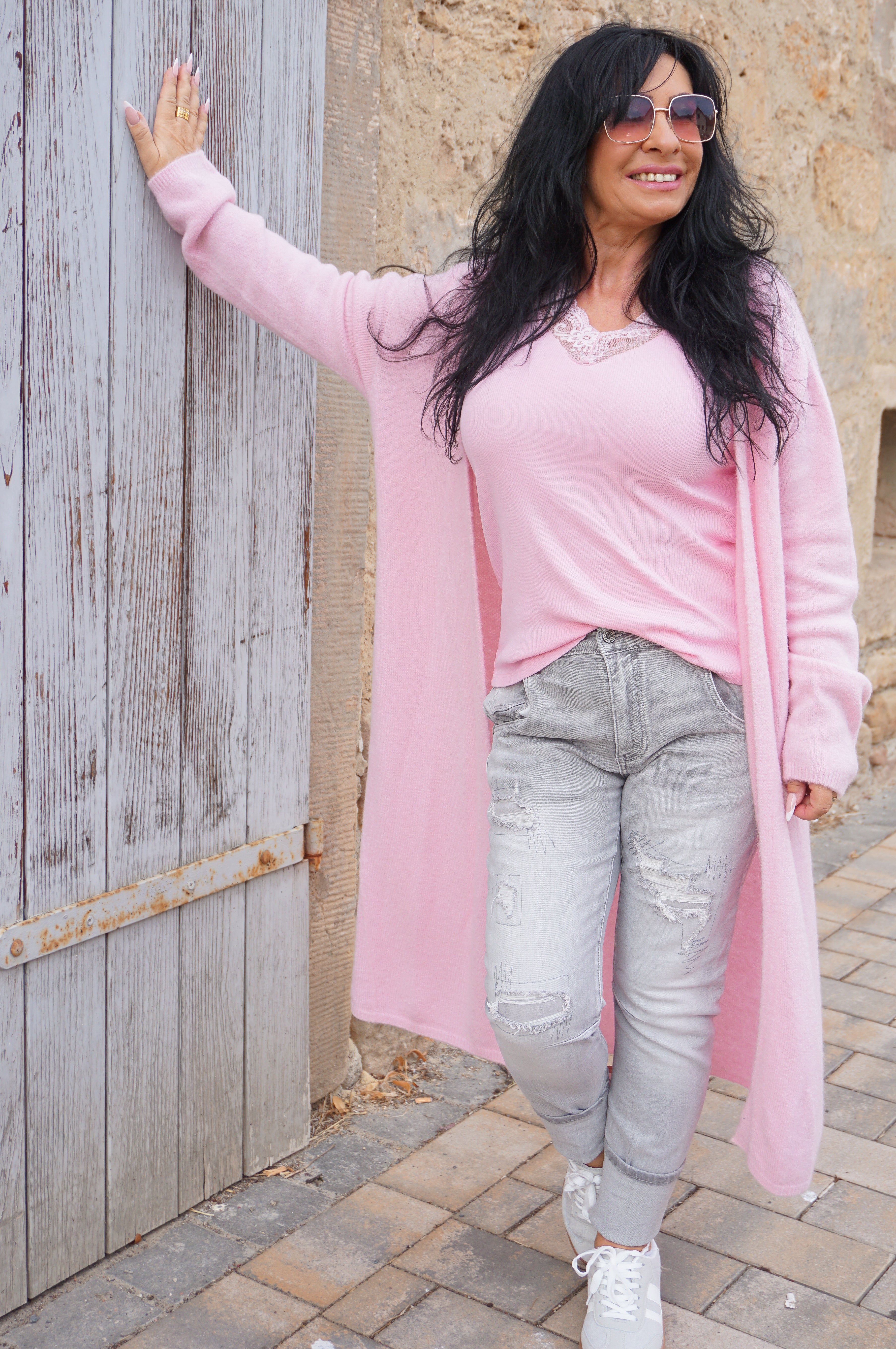 Lange Basic Strickjacke, rosa