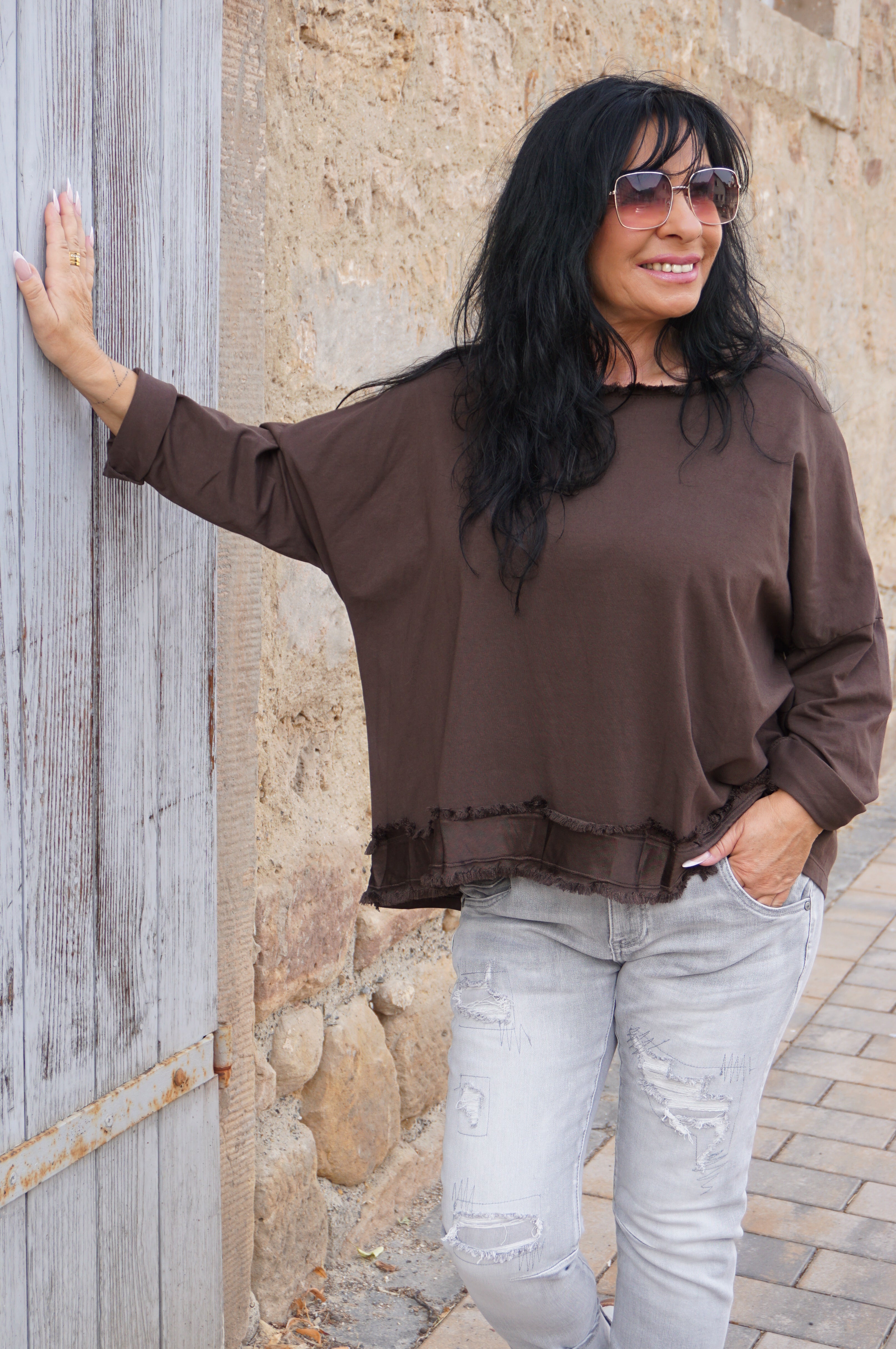 Langarmshirt mit Satin Details, schokobraun