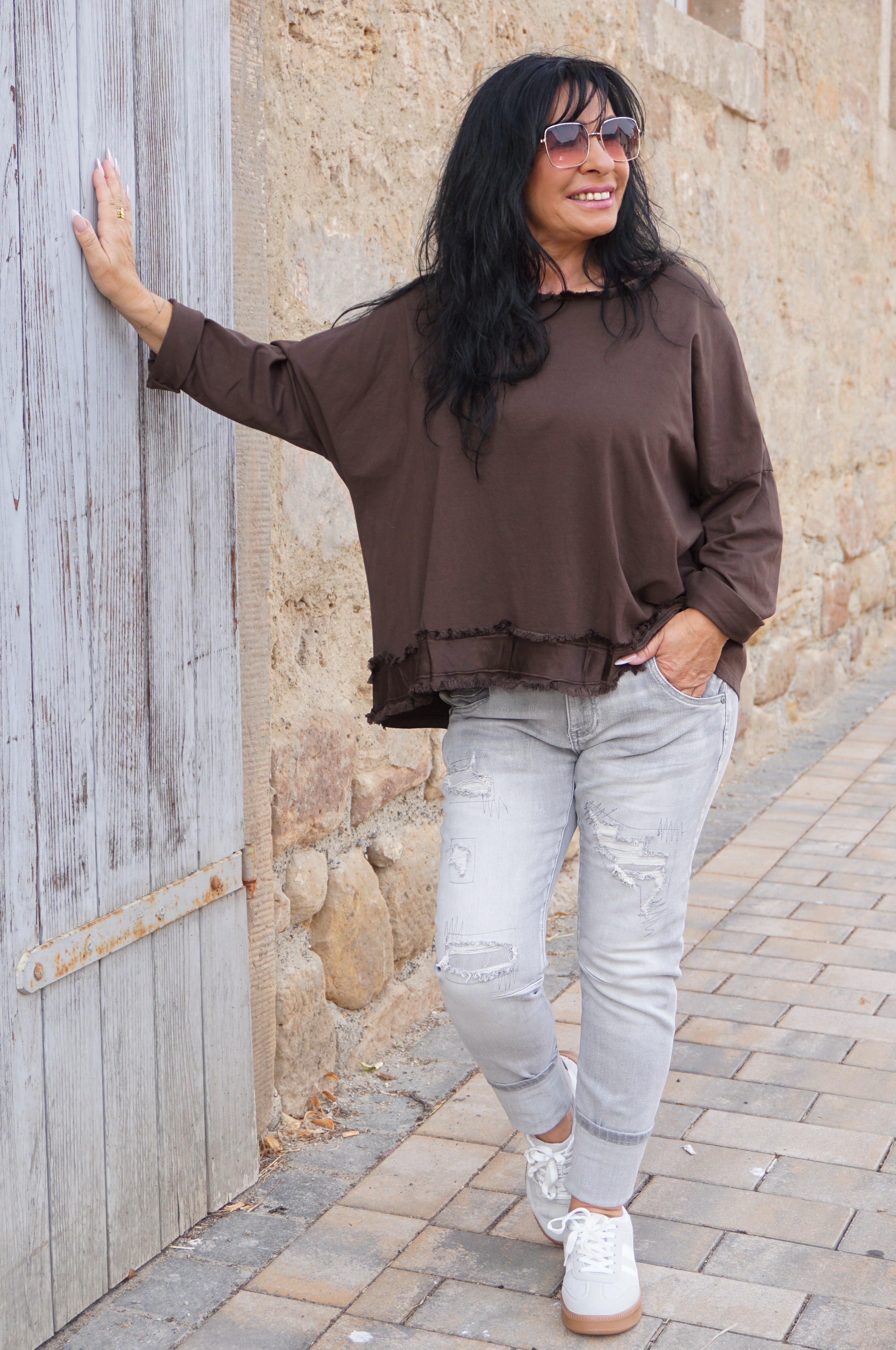 Langarmshirt mit Satin Details, schokobraun