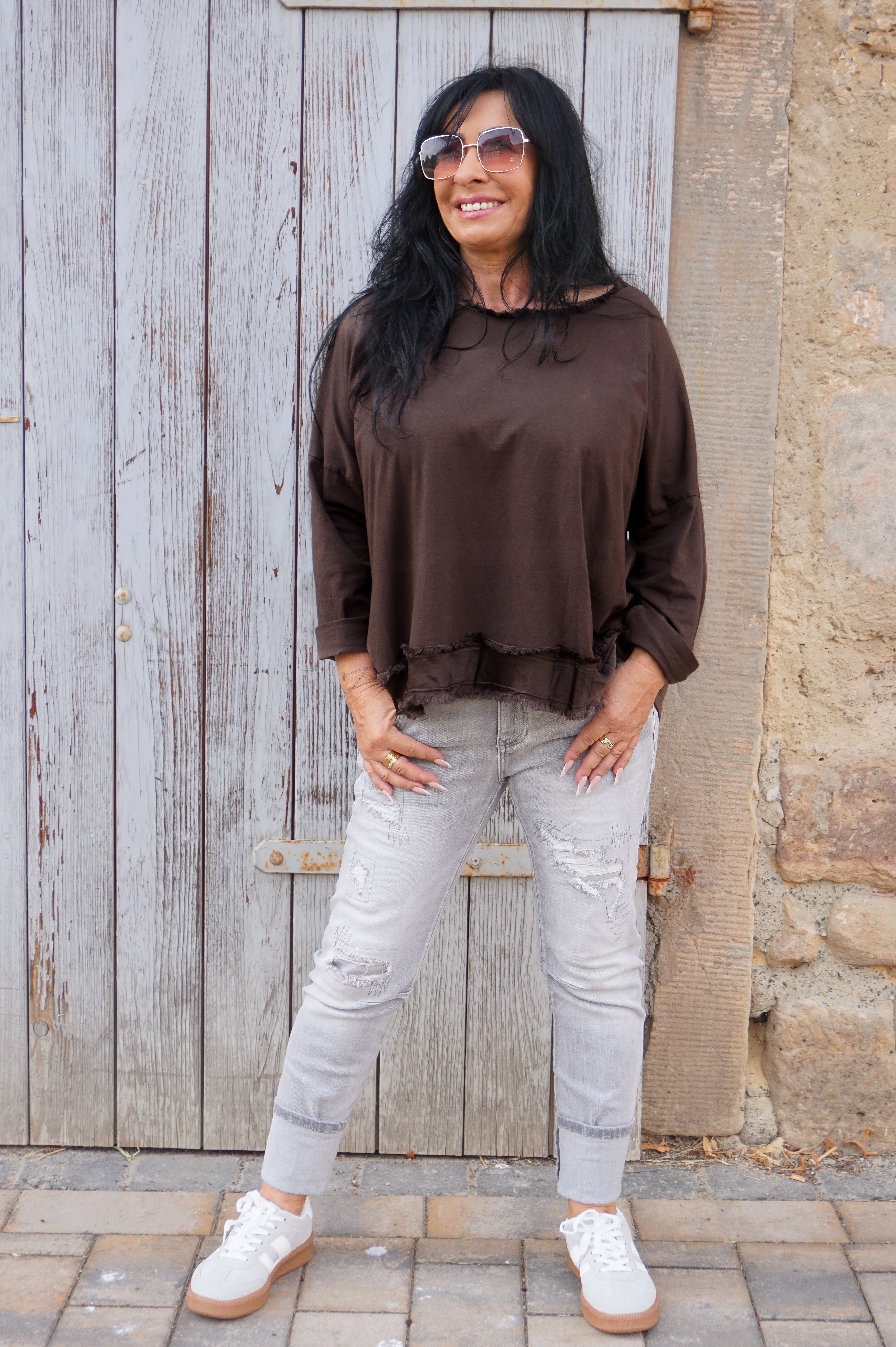 Langarmshirt mit Satin Details, schokobraun