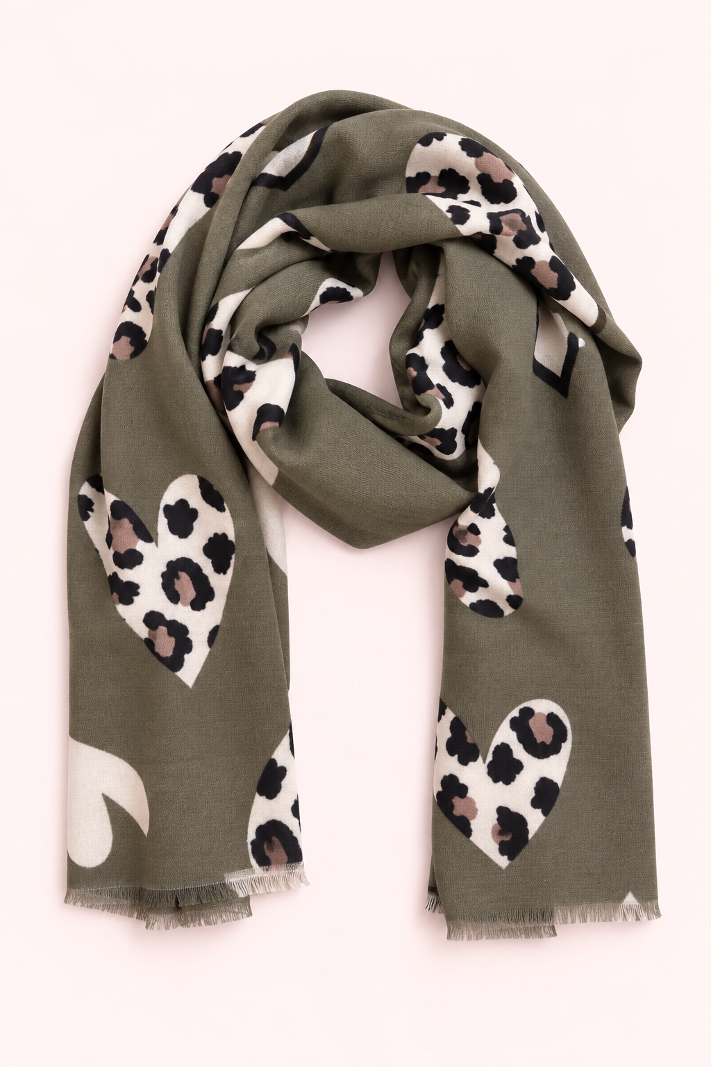 Schal mit Herzen und Leo Print, khaki