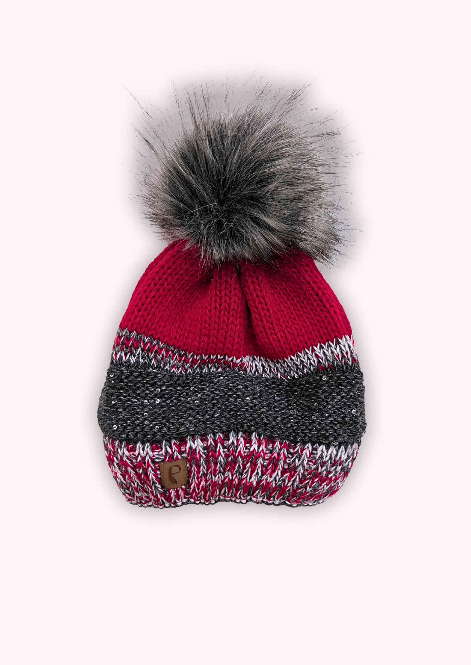Bommelmütze mit Pailletten Details, Rot/Grau/Anthrazit