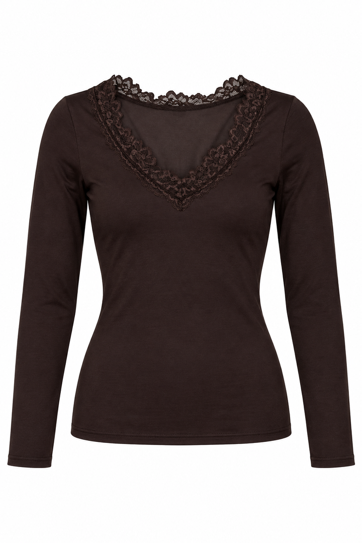 Leichtes Feinstrickshirt mit Kaschmir &amp; Spitze, schokobraun